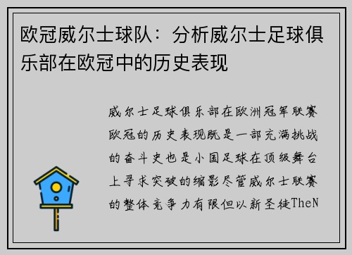 欧冠威尔士球队：分析威尔士足球俱乐部在欧冠中的历史表现