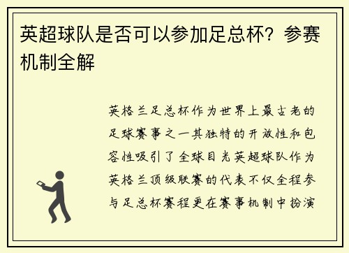 英超球队是否可以参加足总杯？参赛机制全解